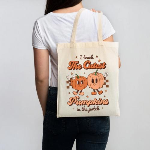 I Teach The Cutest Pumpkins In The Patch Retro Teacher Fall Canvas Tote Bag - teacherstshirts.com UK