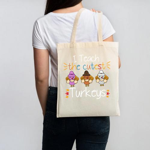 I Teach The Cutest Turkeys School Teachers Thanksgiving Canvas Tote Bag - teacherstshirts.com CA