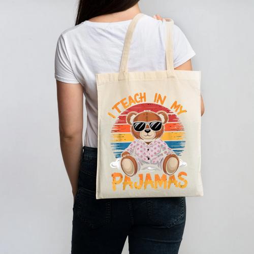 I Teach In My Pajamas Teacher Sunset Bear Retro Canvas Tote Bag - teacherstshirts.com AU