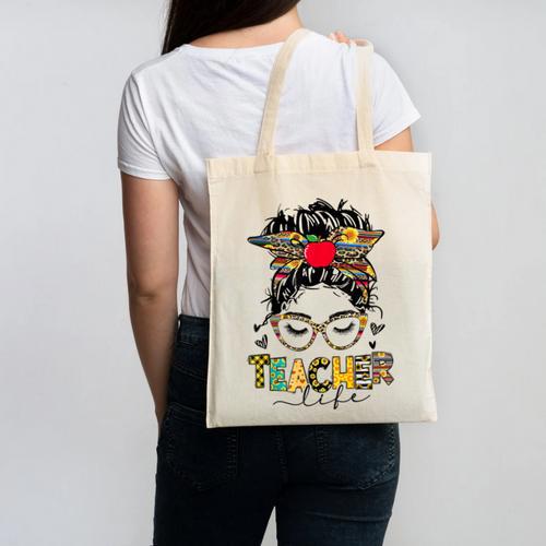Teacher Life Messy Bun Glasses Leopard Sunflower Canvas Tote Bag - teacherstshirts.com CA