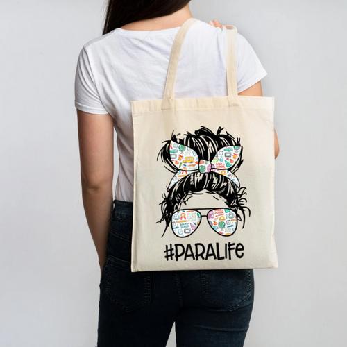 Teacher Para Life Tee Paraprofessional Cute Messy Bun Canvas Tote Bag - teacherstshirts.com DE
