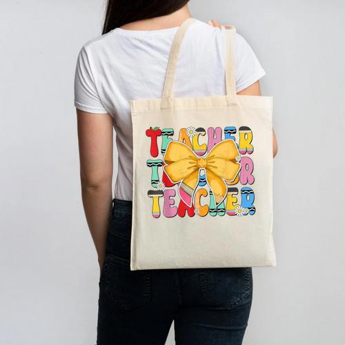 Teacher Pencil Coquette Bow Back To School Teacher Canvas Tote Bag - teacherstshirts.com AU