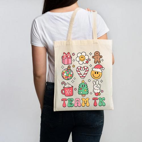 Team TK Teacher Christmas Groovy Smile Face Girl Boy Kid TK Canvas Tote Bag - teacherstshirts.com UK