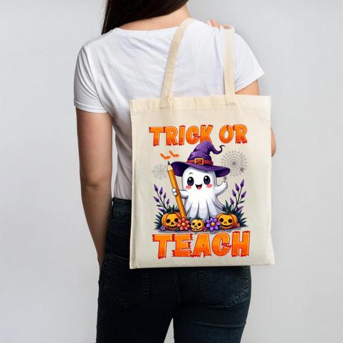 Trick Or Teach Teacher Halloween Ghost Pencil Floral Canvas Tote Bag - teacherstshirts.com