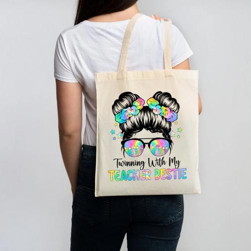 Twin Day Friends Teacher Twinning With My Bestie Canvas Tote Bag - teacherstshirts.com AU