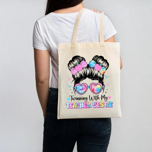Twinning With My Teacher Bestie Twin Day Friends Teacher Canvas Tote Bag - teacherstshirts.com DE