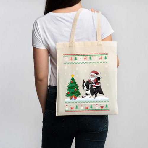Ugly Christmas Tree Lights Xmas Santa Riding Boston Terrier Canvas Tote Bag - Bostonterriersmerch.com