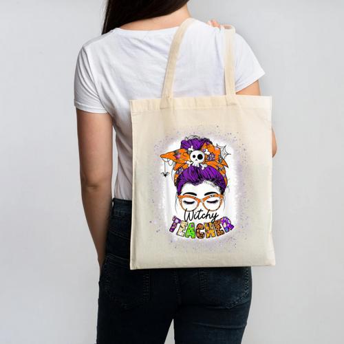 Witchy Teacher Halloween Messy Bun Teacher Bleached Canvas Tote Bag - teacherstshirts.com DE