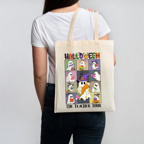 Women Halloween The Teacher Tour Ghosts Pencil Pumpkins Canvas Tote Bag - teacherstshirts.com UK