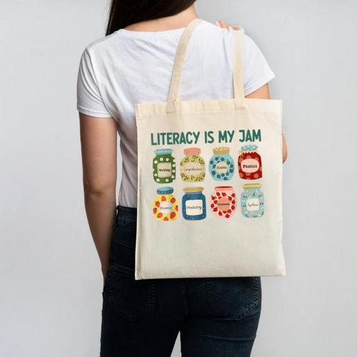 Women Literacy Is My Jam Literacy Teacher Reading Teacher Canvas Tote Bag - teacherstshirts.com UK