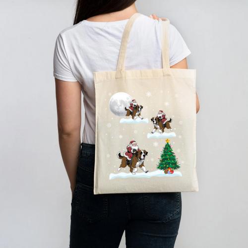 Xmas Lighting Tree Santa Riding Boston Terrier Christmas Canvas Tote Bag - Bostonterriersmerch.com