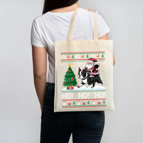 Xmas Tree Lighting Santa Riding Boston Terrier Christmas Canvas Tote Bag - Bostonterriersmerch.com