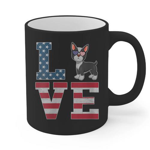 4th Of July Decor Patriotic LOVE Boston Terrier USA Flag Graphic Print Coffee Mug - Bostonterriersmerch.com