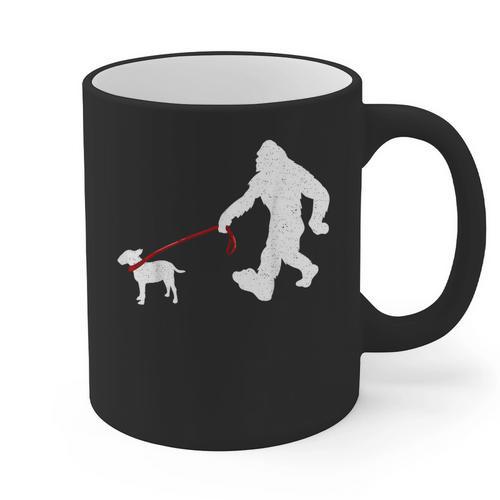 Bigfoot Walking With Bull Terrier Dog Graphic Print Coffee Mug - Bostonterriersmerch.com
