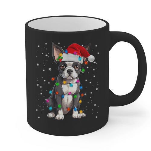 Boston Terrier Christmas Santa Hat Tree Lights Pajama Graphic Print Coffee Mug - Bostonterriersmerch.com