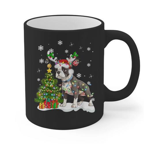Boston Terrier Christmas Tree Lights Santa Hat Graphic Print Coffee Mug - Bostonterriersmerch.com