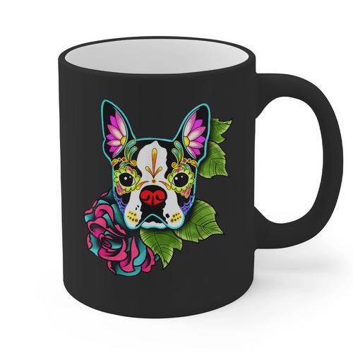 Boston Terrier In Day Of The Dead Sugar Skull Dog Graphic Print Coffee Mug - Bostonterriersmerch.com