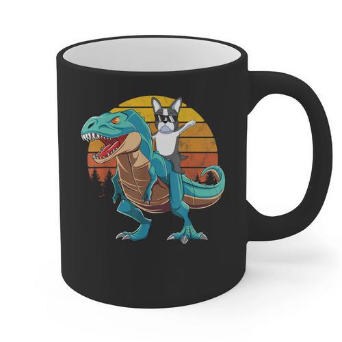 Boston Terrier Dog Riding Dinosaur T Rex Boys Graphic Print Coffee Mug - Bostonterriersmerch.com