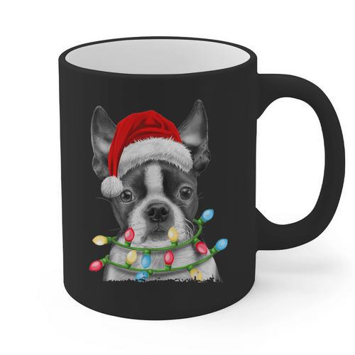 Boston Terrier Dog Santa Christmas Tree Lights Xmas Graphic Print Coffee Mug - Bostonterriersmerch.com