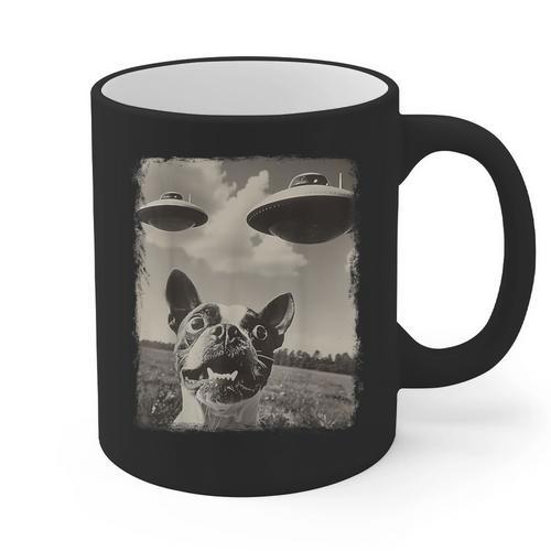 Boston Terrier Dog UFO Alien Extraterrestrial Selfie Graphic Print Coffee Mug - Bostonterriersmerch.com