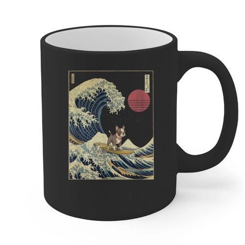Boston Terrier Japanese Kanagawa Wave Surf Dog Graphic Print Coffee Mug - Bostonterriersmerch.com