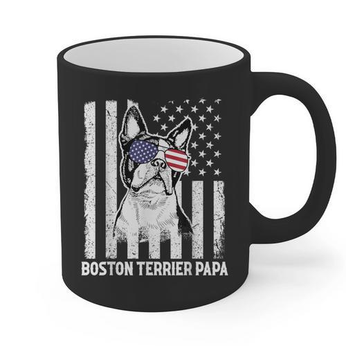 Boston Terrier Papa Cool Dog Lover USA American Flag Men Women Graphic Print Coffee Mug - Bostonterriersmerch.com