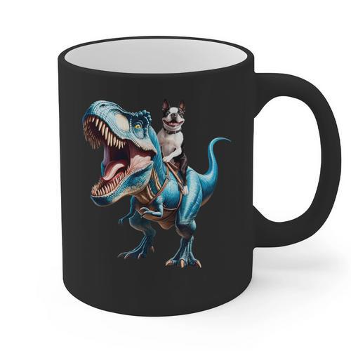 Boston Terrier Riding T-Rex Dinosaur Dog Lover Graphic Print Coffee Mug - Bostonterriersmerch.com