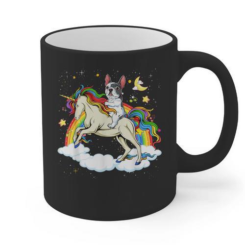 Boston Terrier Riding Unicorn Boys Girls Kids Rainbow Graphic Print Coffee Mug - Bostonterriersmerch.com