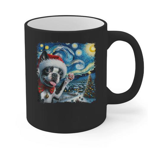 Boston Terrier Santa Starry Night Van Gogh Christmas Dog Men Women Kids Graphic Print Coffee Mug - Bostonterriersmerch.com