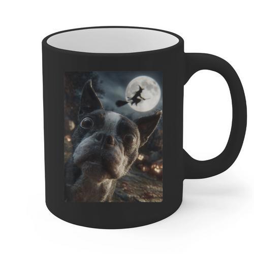 Boston Terrier Selfie Full Moon Flying Witch Halloween Dog Graphic Print Coffee Mug - Bostonterriersmerch.com