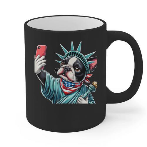 Boston Terrier Selfie Statue Of Liberty 4th Of July American Graphic Print Coffee Mug - Bostonterriersmerch.com