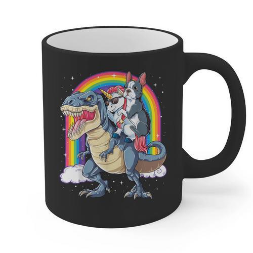 Boston Terrier Unicorn Riding Dinosaur T-Rex Girls Rainbow Graphic Print Coffee Mug - Bostonterriersmerch.com