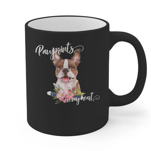 Brown Boston Terrier With Flowers And Feathers Graphic Print Coffee Mug - Bostonterriersmerch.com DE