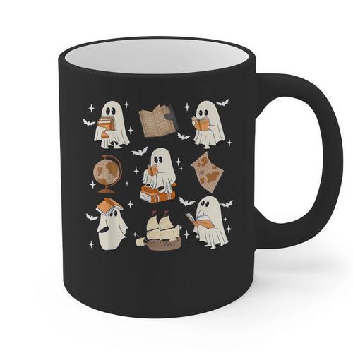 Cute Ghosts Reading Book Bookworm Halloween History Teacher Graphic Print Coffee Mug - teacherstshirts.com