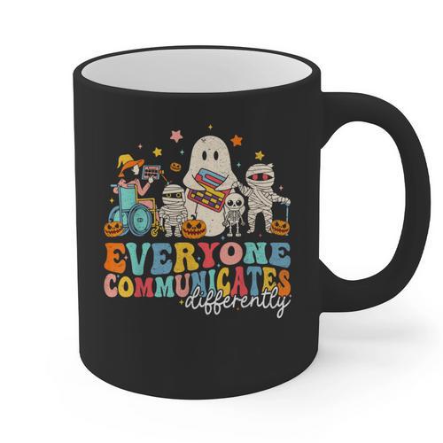 Everyone Communicates Differently Halloween SLP Sped Teacher Graphic Print Coffee Mug - teacherstshirts.com