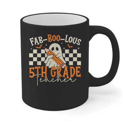 Fab Boo Lous 5th Grade Teacher Retro Ghost Spooky Halloween Graphic Print Coffee Mug - teacherstshirts.com UK