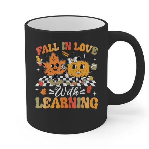 Fall In Love With Learning Fall Teacher Thanksgiving Retro Graphic Print Coffee Mug - teacherstshirts.com