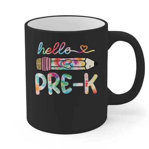 Hello Pre-K Pencil Teacher Student Tie Dye Graphic Print Coffee Mug - teacherstshirts.com