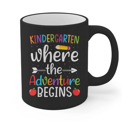 Kindergarten Where The Adventure Begins Shirt Children's Teacher Graphic Print Coffee Mug - teacherstshirts.com DE