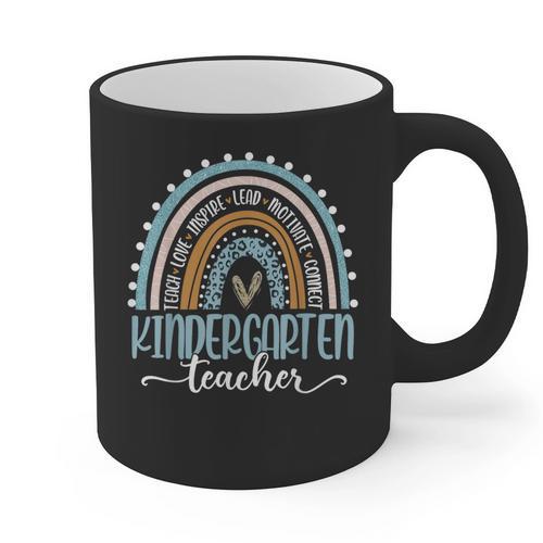 Kindergarten Teacher Leopard Boho Rainbow Back To School Graphic Print Coffee Mug - teacherstshirts.com