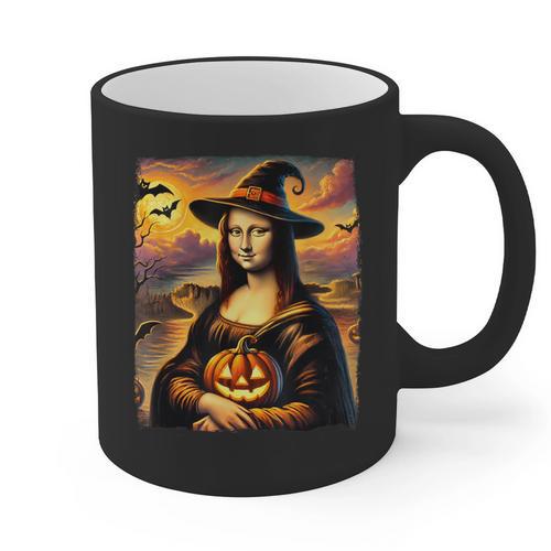 Mona Lisa Pumpkin Halloween Art Teacher Witchy Women Kids Graphic Print Coffee Mug - teacherstshirts.com UK