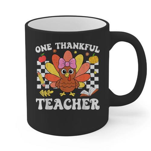 One Thankful Teacher Turkey Thanksgiving Teaching Graphic Print Coffee Mug - teacherstshirts.com DE