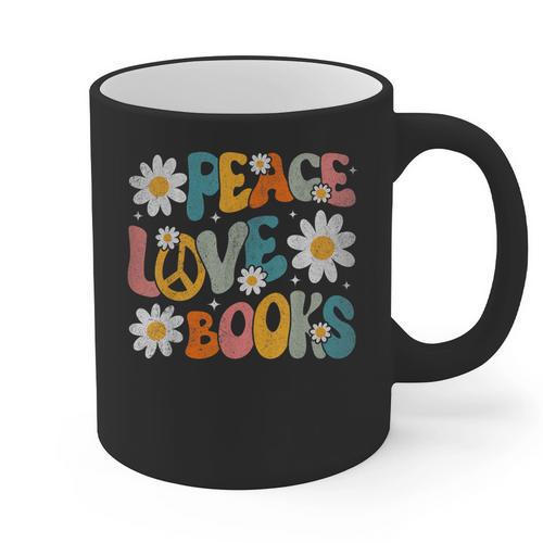 Peace Love Books Bookworm Librarian Reading Teacher Groovy Graphic Print Coffee Mug - teacherstshirts.com