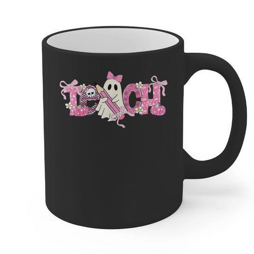 Pink Ghost Teach Halloween Teacher In Spooky Season Graphic Print Coffee Mug - teacherstshirts.com