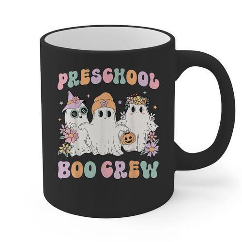 Preschool Boo Crew Groovy Halloween Floral Ghost Teacher Men Women Kids Graphic Print Coffee Mug - teacherstshirts.com AU