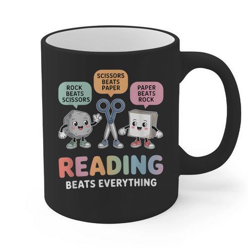 Reading Beats Everything Teacher Rock Paper Scissors Graphic Print Coffee Mug - teacherstshirts.com