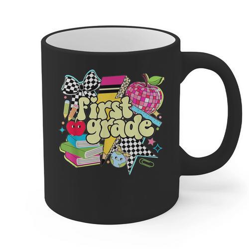 Retro First Grade Teacher Disco Ball Coquette Back To School Graphic Print Coffee Mug - teacherstshirts.com