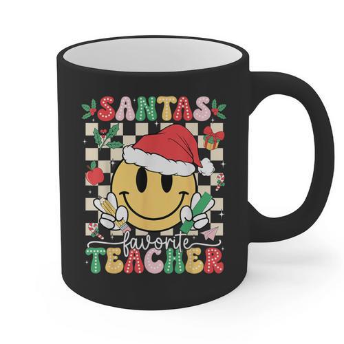 Santas Favorite Teacher Retro Groovy Smile Face Christmas Graphic Print Coffee Mug - teacherstshirts.com DE