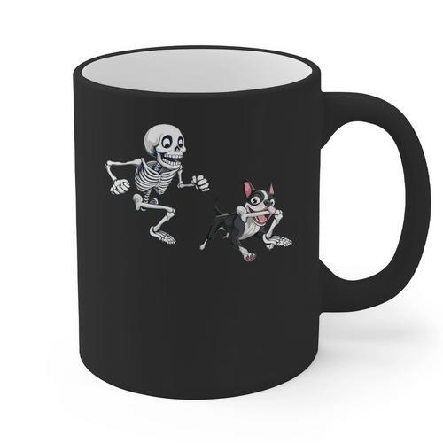 Skeleton Chasing Dog Boston Terrier Halloween Pet Lover Graphic Print Coffee Mug - Bostonterriersmerch.com