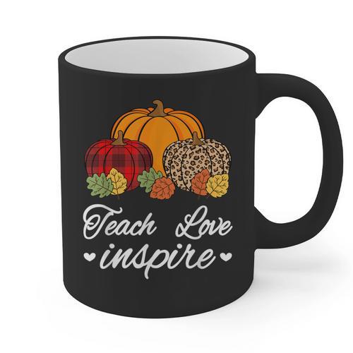 Teach Love Inspire Autumn Fall Plaid Leopard Pumpkin Teacher For Men Women Kids Graphic Print Coffee Mug - teacherstshirts.com AU